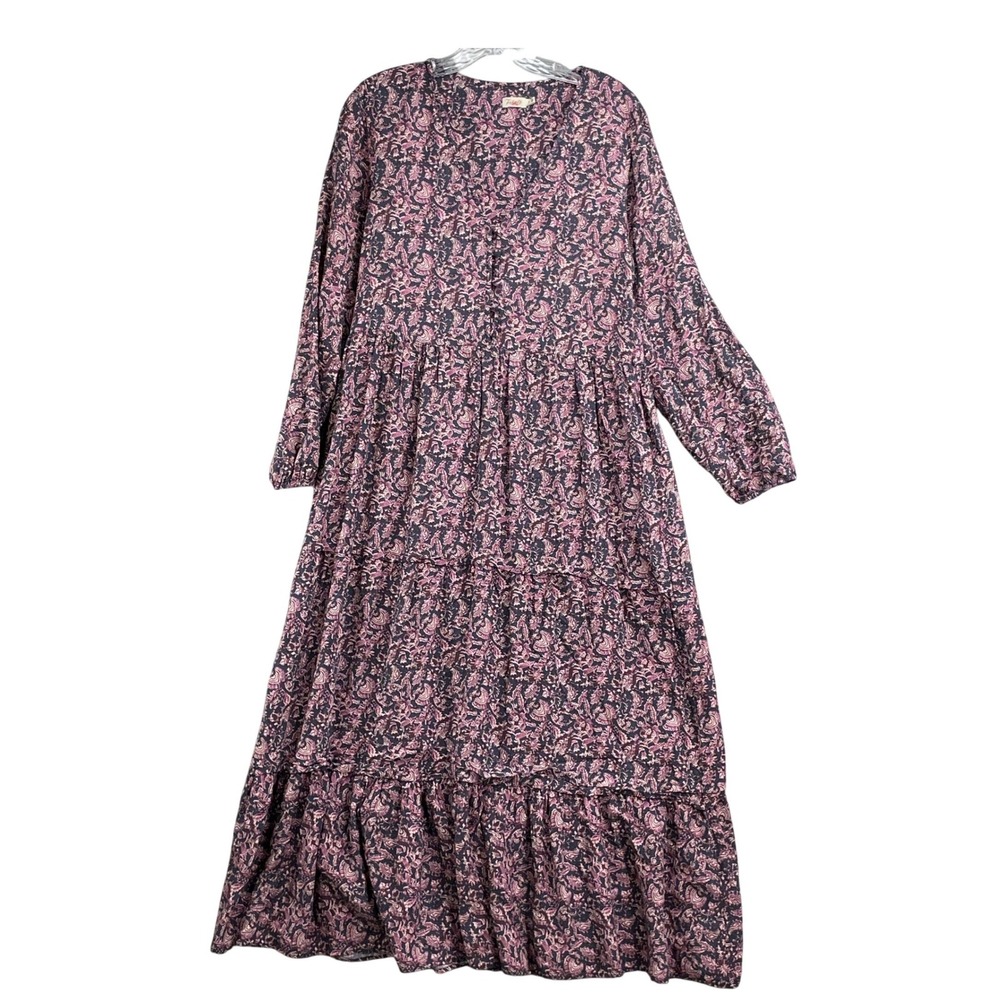 Faherty Maxi Dress Women Medium Pink Purple Paisley Tiered Boho Coastal Tropical